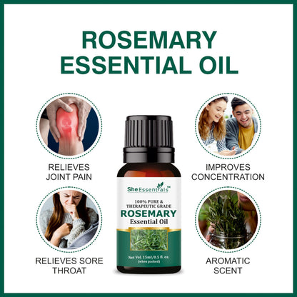 She Essentials Rosemary Essential Oil, Tea Tree & Almond Carrier Oil - Hair Growth & Acne