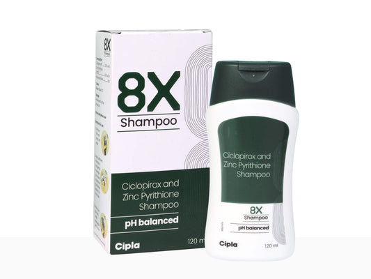 Cipla 8X Shampoo bottle and box on a white background