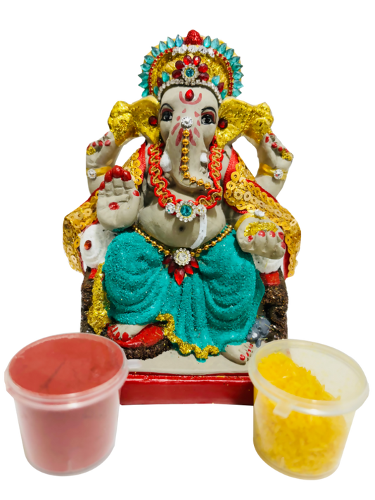 Eco-Friendly Ganesh Idol Small (Non-Toxic Colors) With Kumkum & Akshat - Limited Time Offer