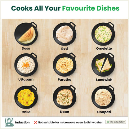 The Indus Valley Super Smooth Cast Iron Tawa,Pre-seasoned, Nonstick, 100% Pure, Toxin-free, Spatula, 26.7cm/30.2cm