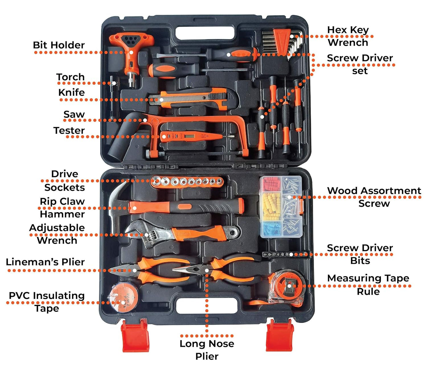 IBELL TB145-9, 145 Piece Socket Wrench Auto Repair Tool Combination Package Mixed Tool Set Hand Tool Kit with Plastic Toolbox Storage Case, orange;black