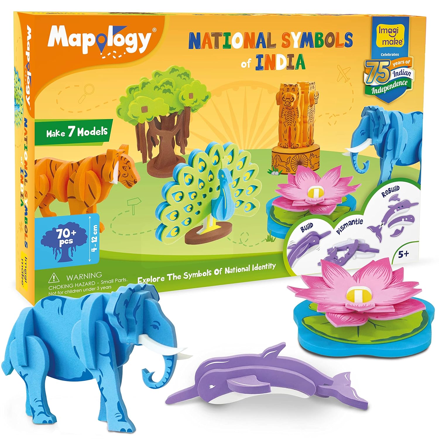 Imagimake Foam Mapology National Symbols Of India - Construction Set - Make 7 Models - Educational Toys For 5 Years+, 70 Pieces,Multicolor