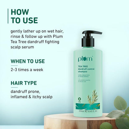 Plum Tea Tree Dandruff Control Shampoo, Paraben-Free with Piroctone Olamine