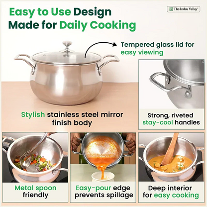 The Indus Valley TurboCuk Tri-ply Stainless Steel Handi Casserole/ Biryani Cooking Pot+ Glass Lid, Premium Quality, 3 Layer Thick Body, 100% Toxin-free, Non-stick, Induction & Gas, 4L