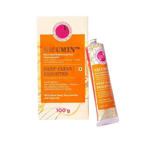 Packaging of Nicumin Black Seed Brightening Face Cleansing Jelly, showing the box and tube with product details in orange and white colors.