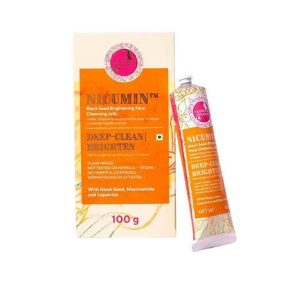 Packaging of Nicumin Black Seed Brightening Face Cleansing Jelly, showing the box and tube with product details in orange and white colors.