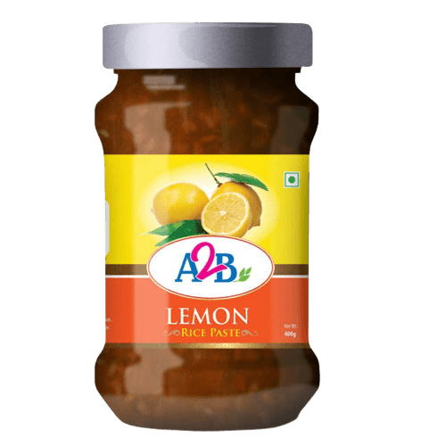 Jar of A2B Lemon Rice Paste with a yellow label featuring lemon illustrations on a white background.