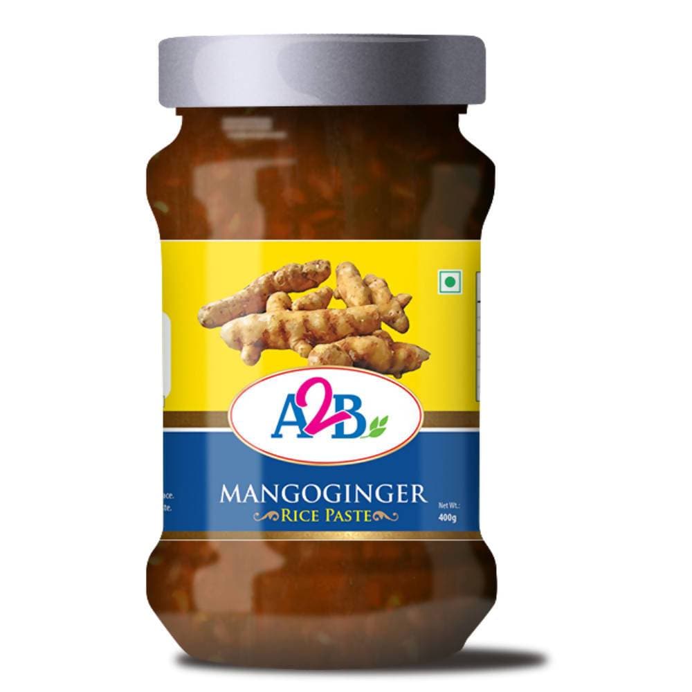 Jar of A2B Mangoginger Rice Paste with a yellow label featuring ginger images.