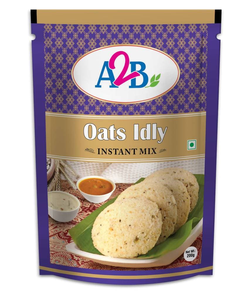 A2B Oats Idly Instant Mix packaging with a purple border and image of idlis and sambar.