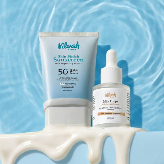 Vilvah skincare products on a blue water background