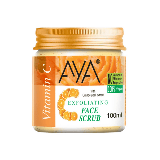 Jar of AYA Exfoliating Face Scrub with orange peel extract on a white background