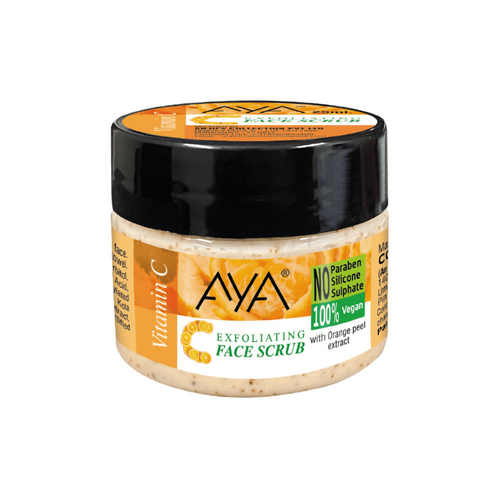 Jar of AyA Exfoliating Face Scrub with orange peel extract on a white background
