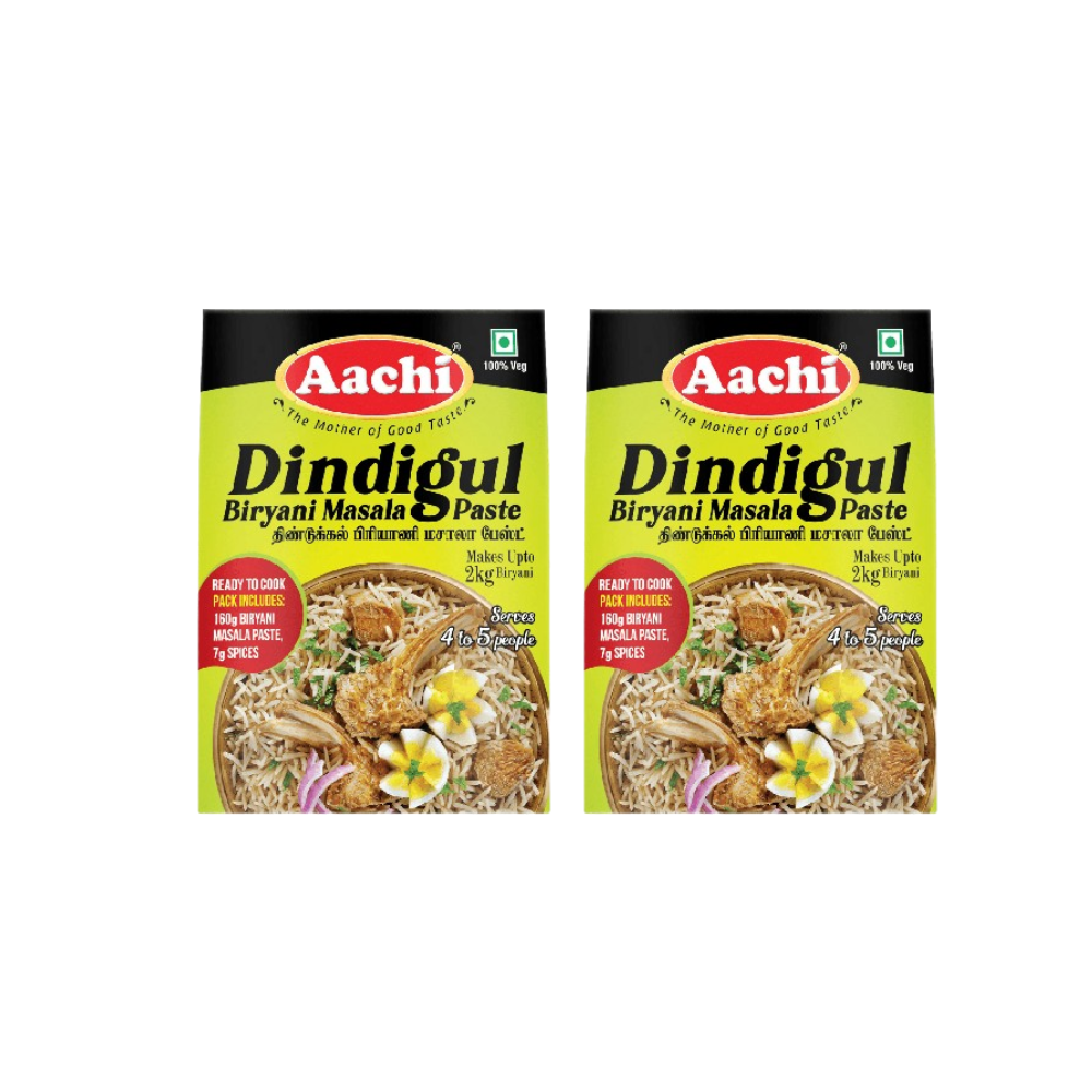 Two packages of Aachi Dindigul Biryani Masala Paste on a white background
