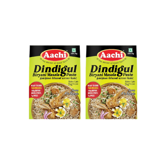 Two packages of Aachi Dindigul Biryani Masala Paste on a white background