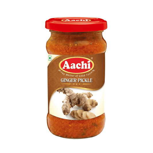 Jar of Aachi Ginger Pickle on a white background
