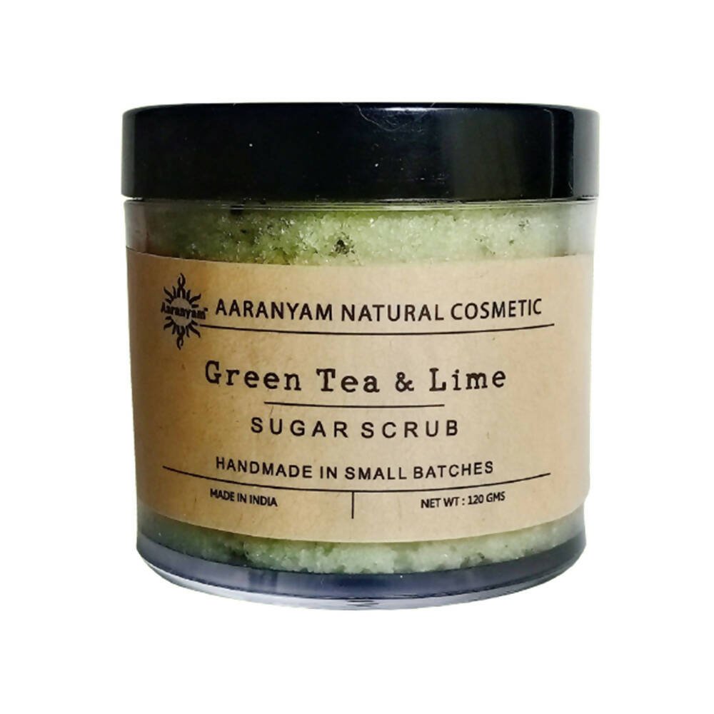 Aaranyam Green Tea & Lime Sugar Scrub jar with product details on the label.
