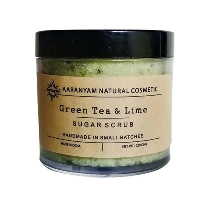 Aaranyam Green Tea & Lime Sugar Scrub jar with product details on the label.