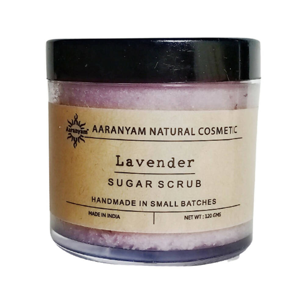 Aaranyam Lavender Sugar Scrub packaged in a clear jar with a black lid and a label that reads 'Lavender Sugar Scrub, handmade in small batches, Aaranyam Natural Cosmetics, net weight 120g'.