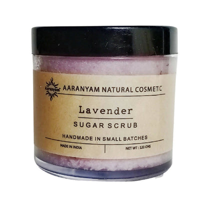 Aaranyam Lavender Sugar Scrub packaged in a clear jar with a black lid and a label that reads 'Lavender Sugar Scrub, handmade in small batches, Aaranyam Natural Cosmetics, net weight 120g'.