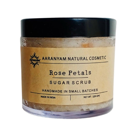 Aaranyam Rose Petals Sugar Scrub jar with product details on the label, handmade in small batches, 120g size.