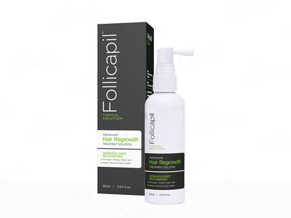 Follicapil hair regrowth treatment bottle and packaging on a white background