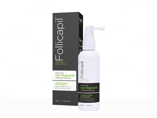 Follicapil hair regrowth treatment bottle and packaging on a white background