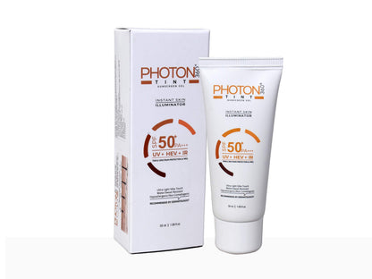 Photon Tint sunscreen tube and packaging on a white background