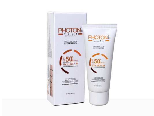 Photon Tint sunscreen tube and packaging on a white background