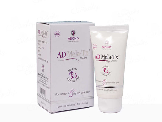 AD Mela-Tx cream and packaging on a white background