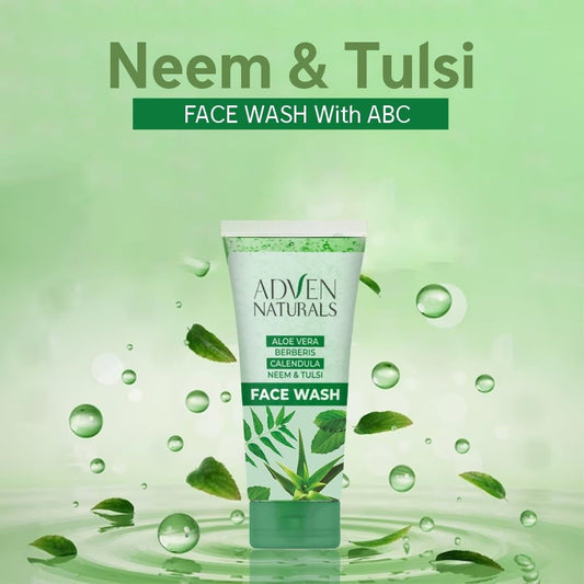 Adven Naturals Neem & Tulsi face wash tube on a green background with leaves and water droplets.