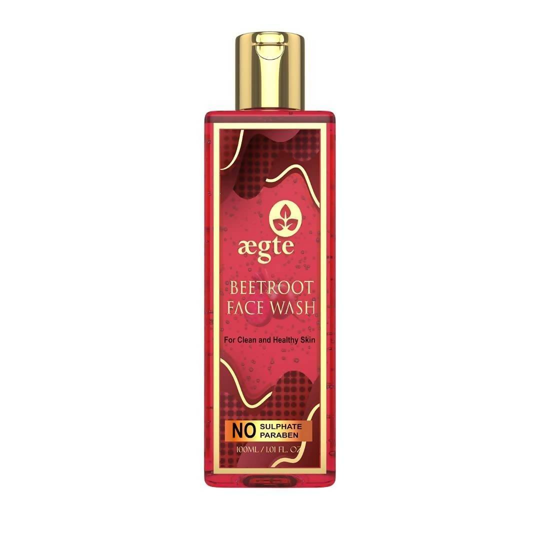 Red bottle of aegte Beetroot Face Wash with gold cap on white background