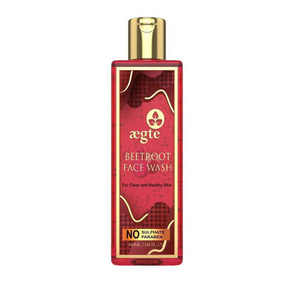 Red bottle of aegte Beetroot Face Wash with gold cap on white background