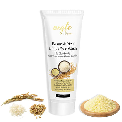 Aegle Besan & Rice Ubtan Face Wash tube with ingredients on a white background