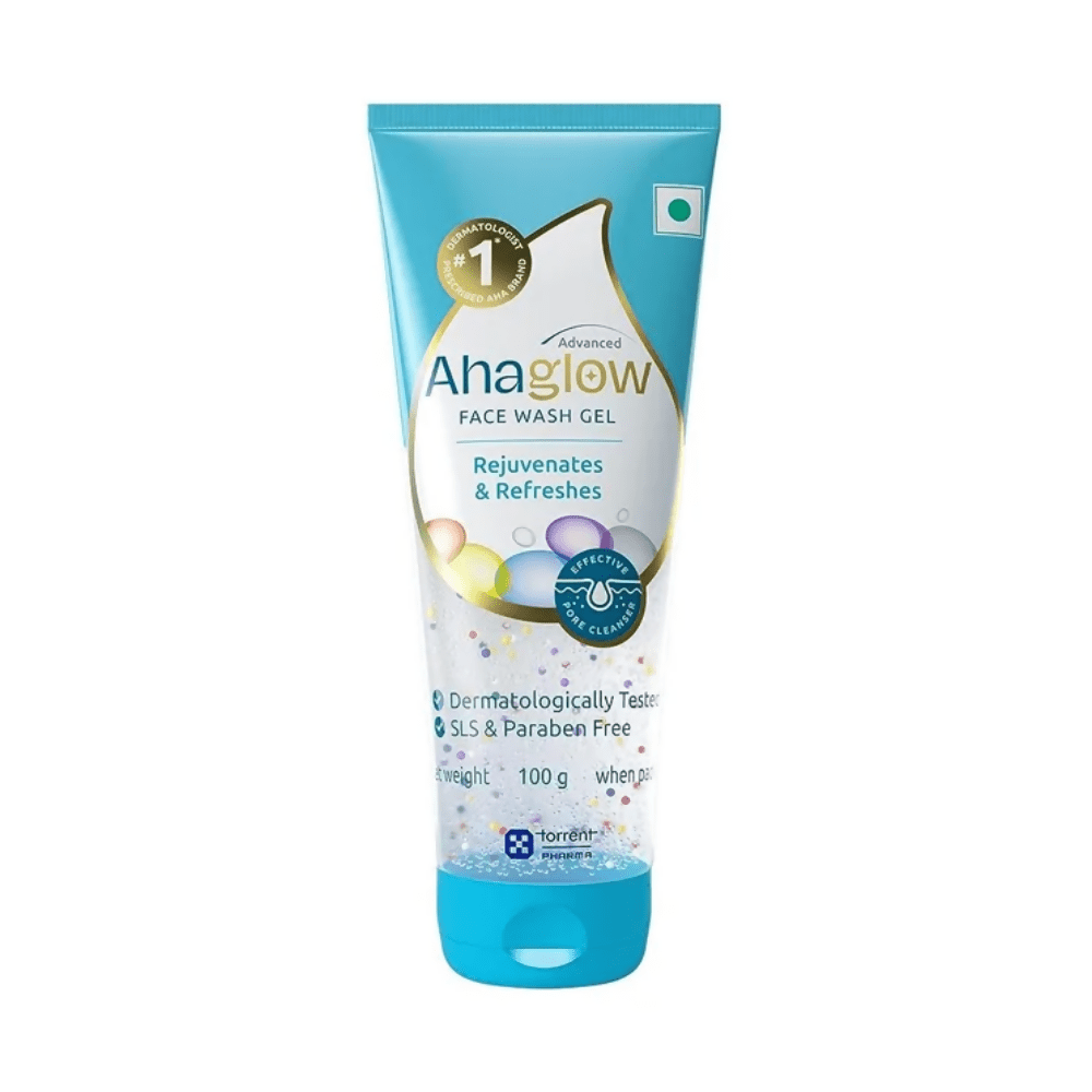 A tube of Ahaglow Skin Rejuvenating Face Wash Gel with packaging that includes product name and benefits, such as 'rejuvenates & refreshes'. The tube is predominantly blue with white and teal accents.