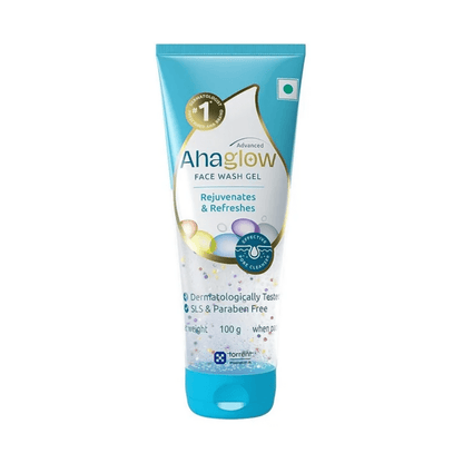 A tube of Ahaglow Skin Rejuvenating Face Wash Gel with packaging that includes product name and benefits, such as 'rejuvenates & refreshes'. The tube is predominantly blue with white and teal accents.