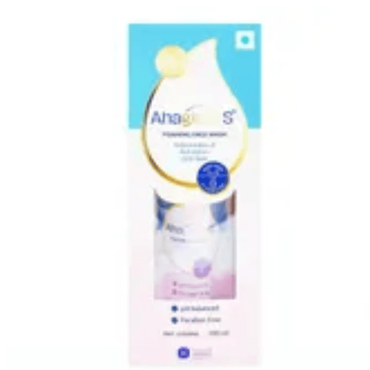 Packaging of Ahaglow S Foaming Face Wash with a white and blue color scheme, featuring the product name and branding.