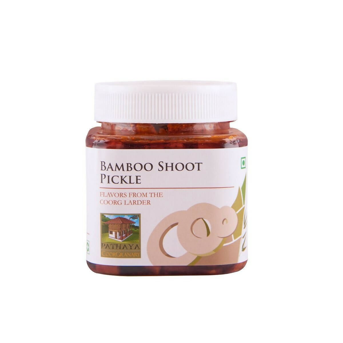 Jar of Bamboo Shoot Pickle with a white lid on a white background