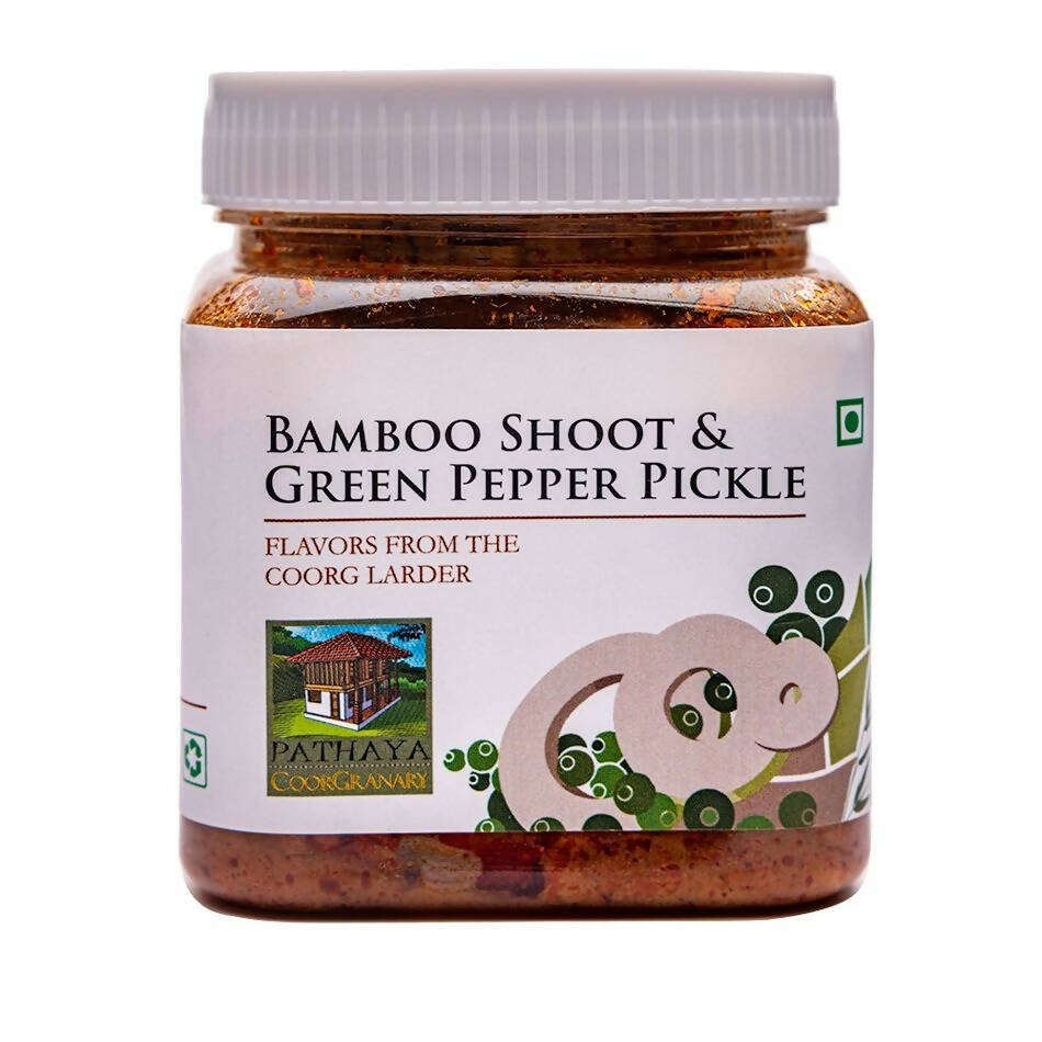 Jar of Bamboo Shoot & Green Pepper Pickle with a white label on a white background