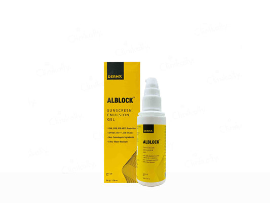 Alblock sunscreen emulsion gel bottle and packaging on a white background