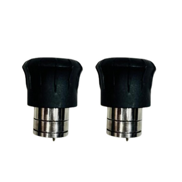 Two black and silver nozzle tips on a white background