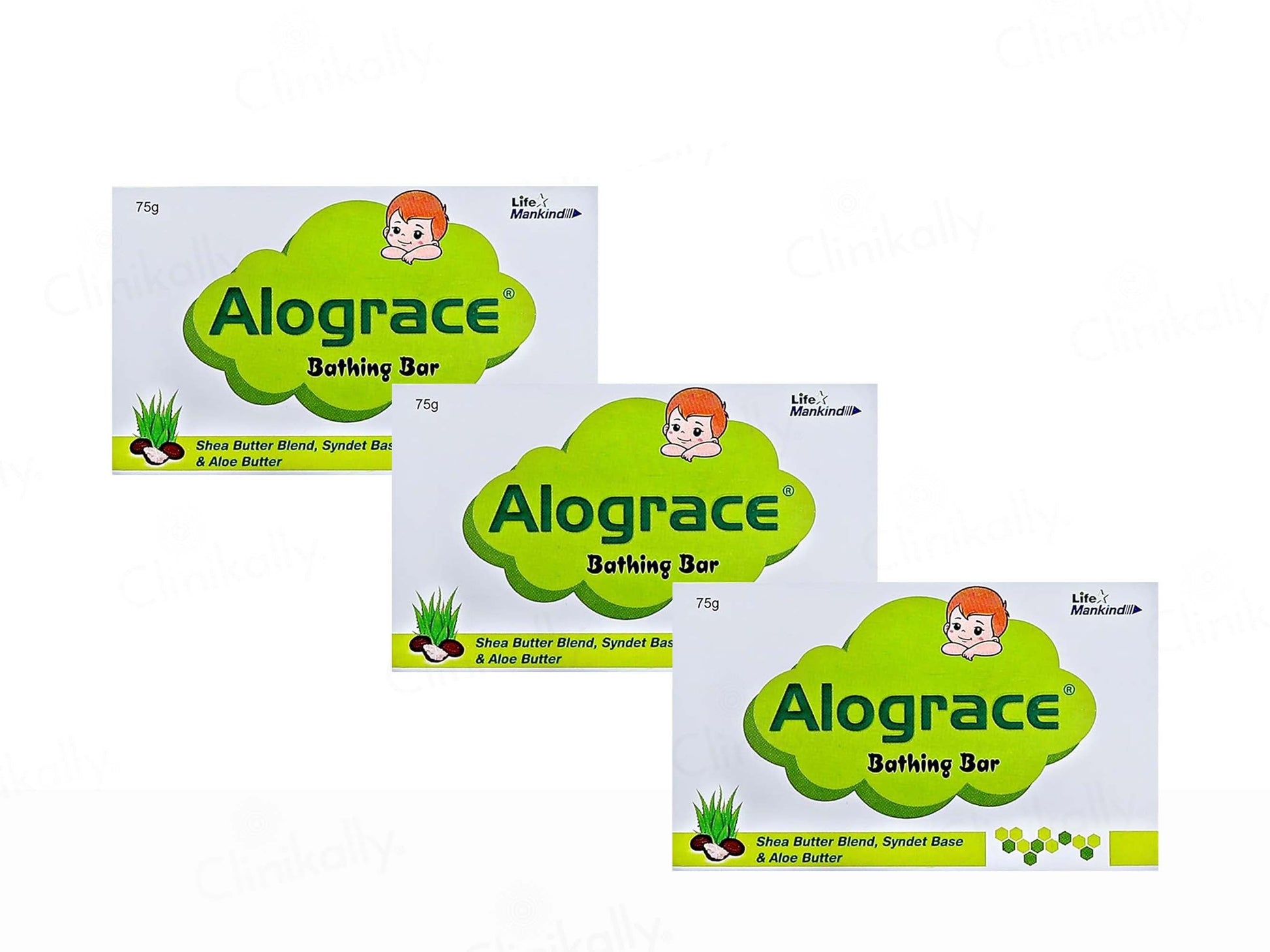 Three packages of Alograce Bathing Bar on a white background