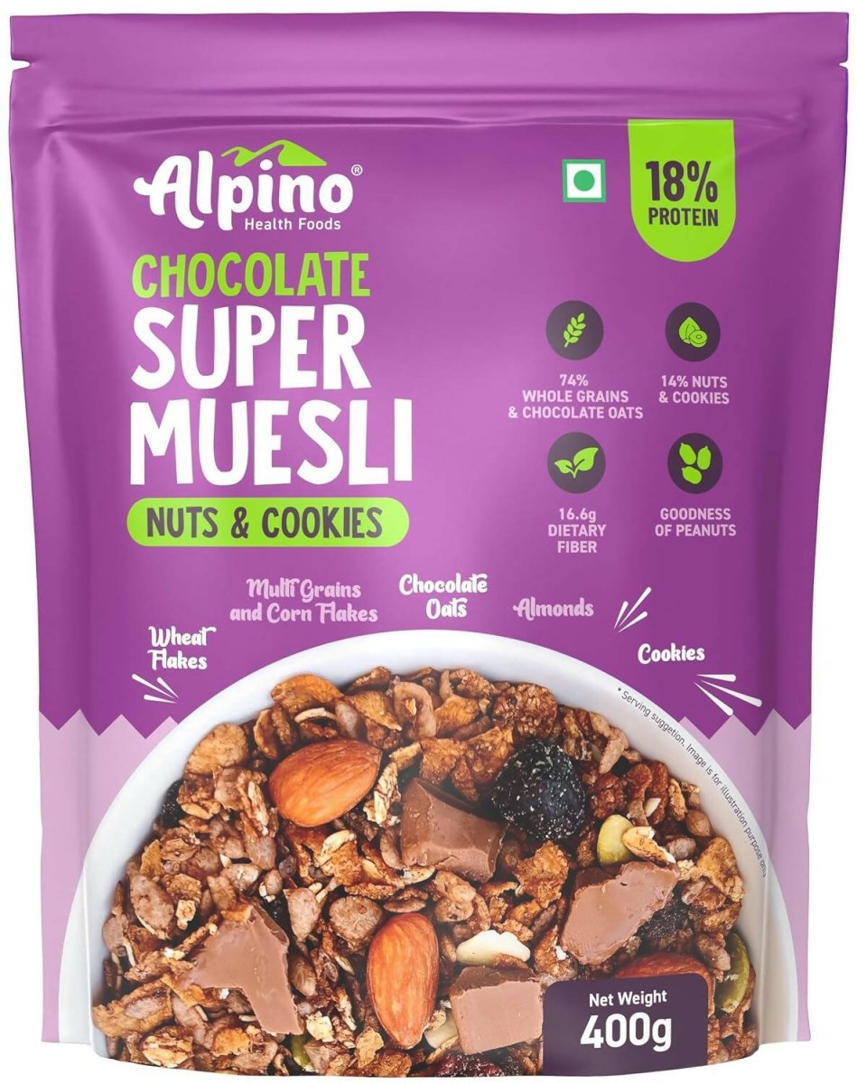Alpino Chocolate Super Muesli packaging with ingredients listed on a purple background