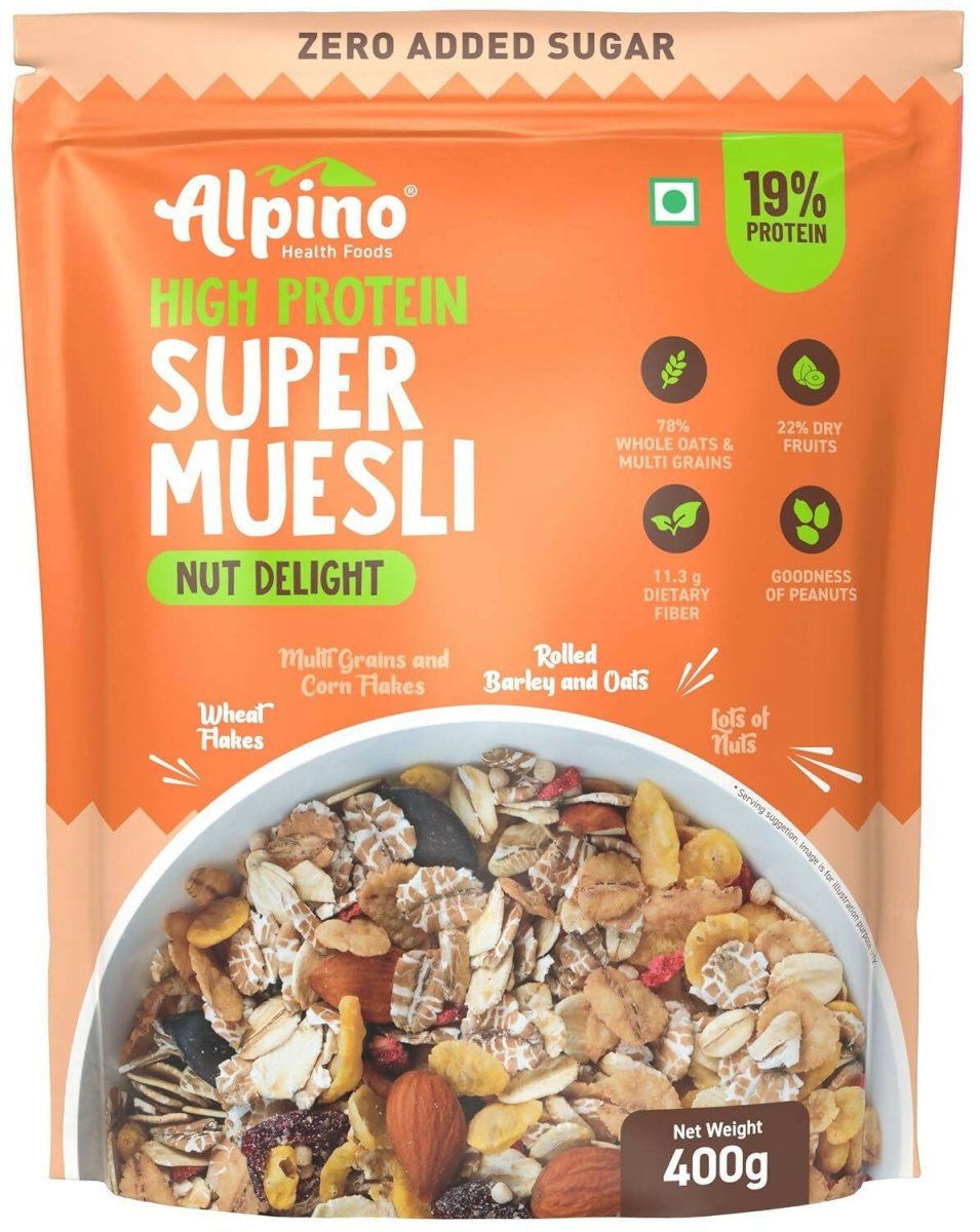 Alpino High Protein Super Muesli package with nutritional information on an orange background