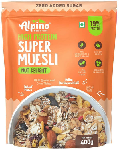 Alpino High Protein Super Muesli package with nutritional information on an orange background
