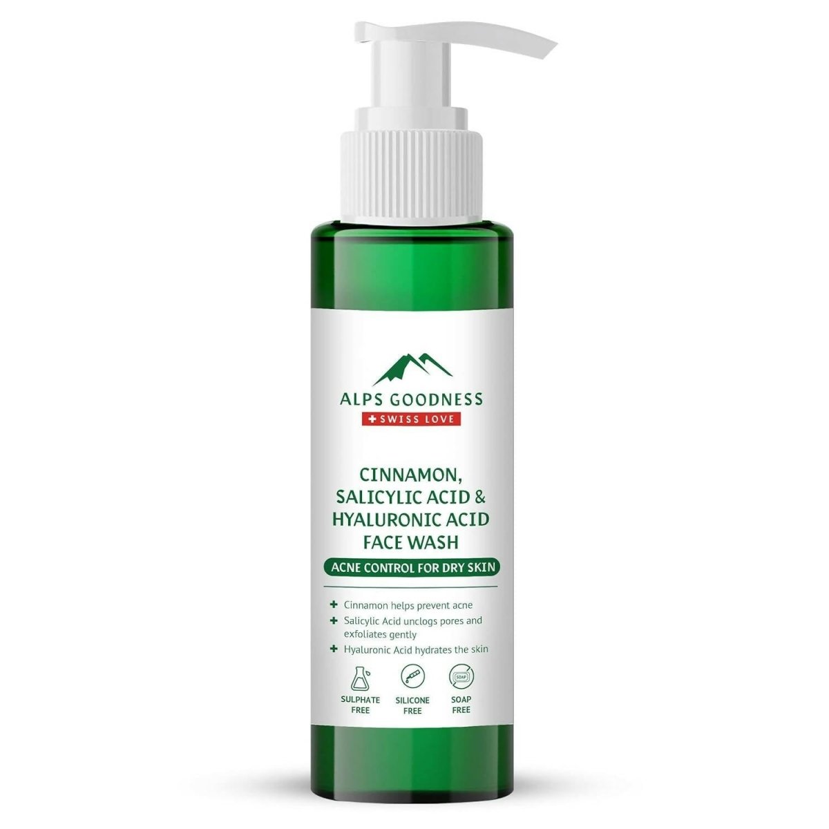 Bottle of Alps Goodness face wash with green and white label on a white background
