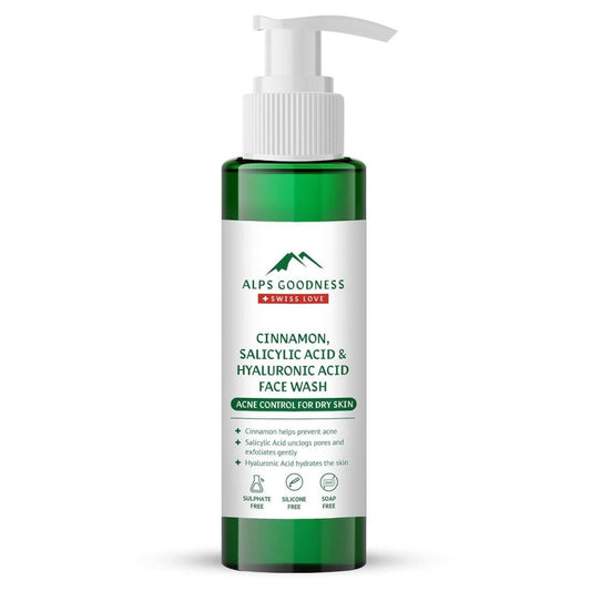 Bottle of Alps Goodness face wash with green and white label on a white background