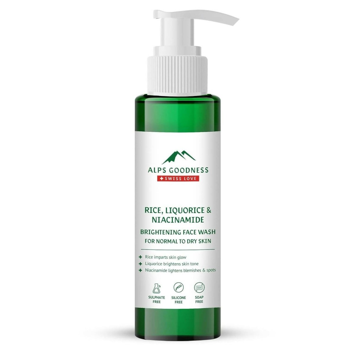 Green face wash bottle with pump labeled 'Alps Goodness' on a white background