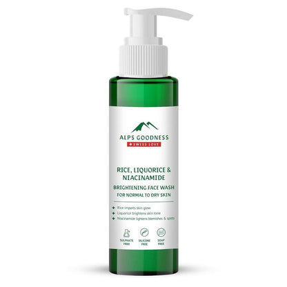 Green face wash bottle with pump labeled 'Alps Goodness' on a white background