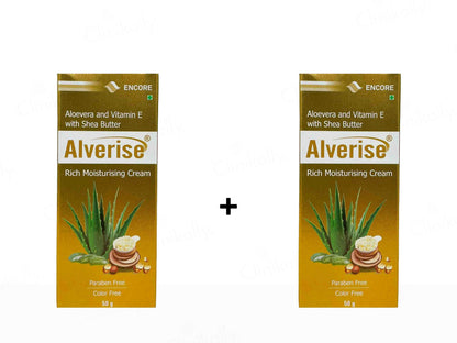 Two boxes of Alverise Rich Moisturising Cream with aloe vera and vitamin E on a white background.