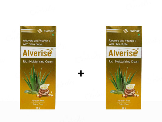 Two boxes of Alverise Rich Moisturising Cream with aloe vera and vitamin E on a white background.